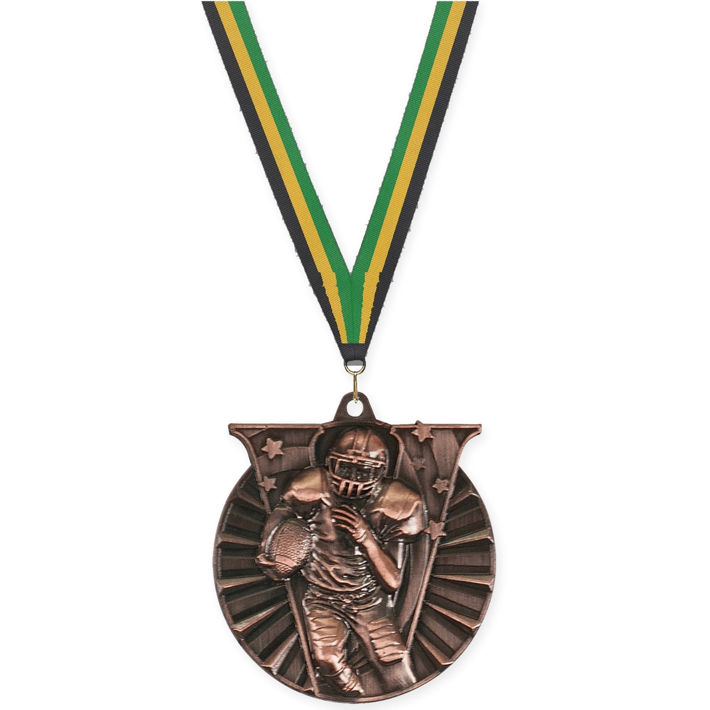 2 inch football Victory medal in antique bronze with Black Gold Green neck ribbon