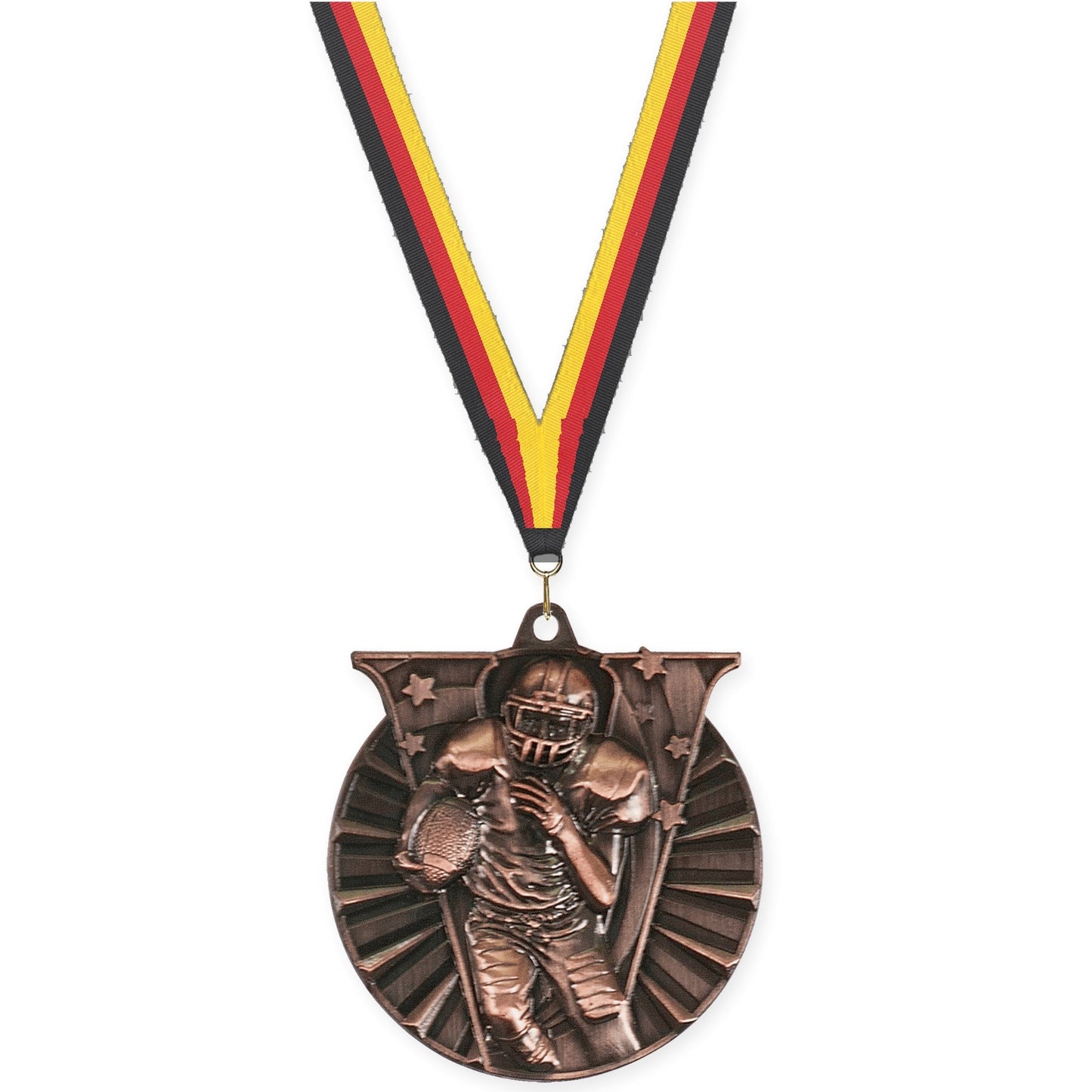 2 inch football Victory medal in antique bronze with Black Red Yellow neck ribbon