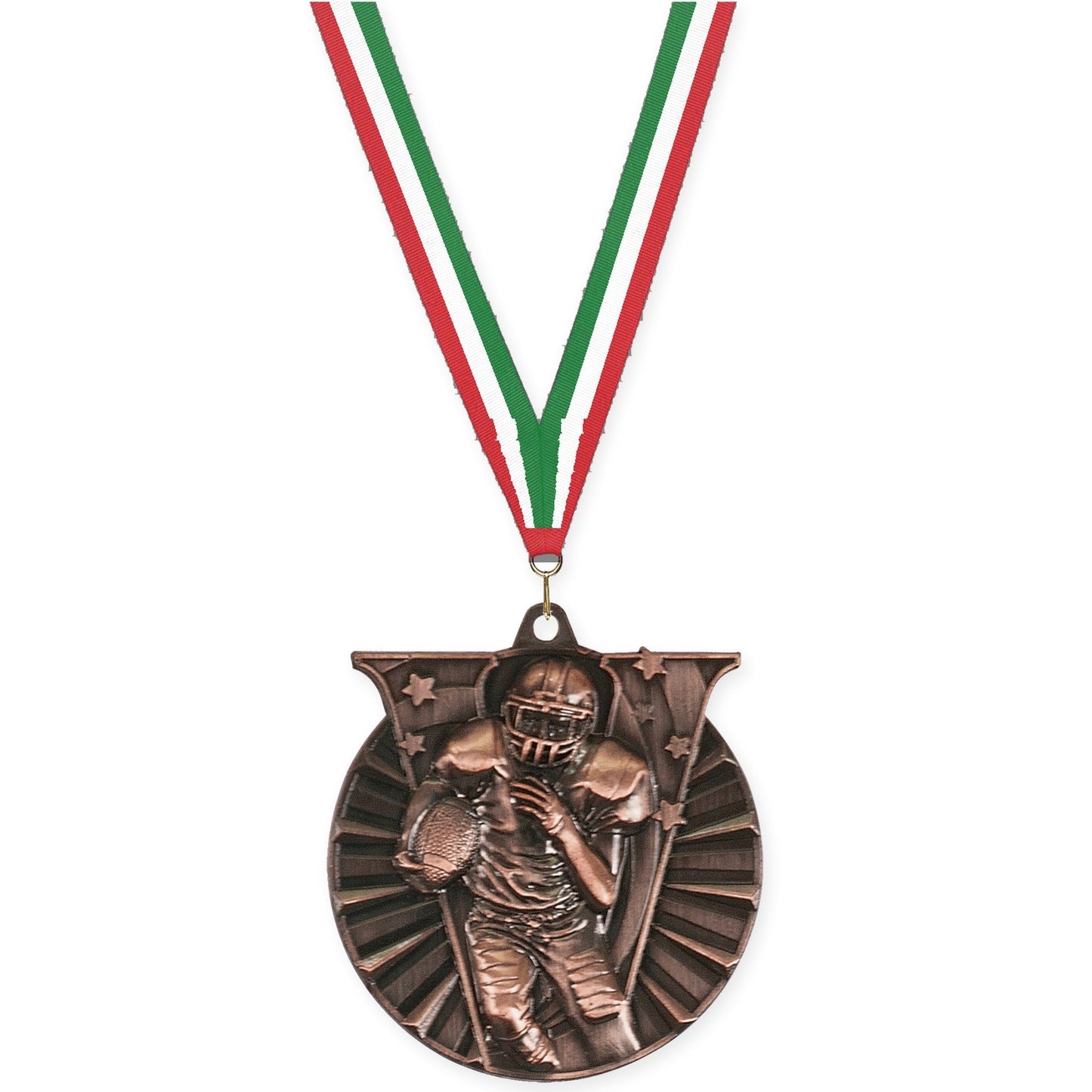 2 inch football Victory medal in antique bronze with Red White Green neck ribbon