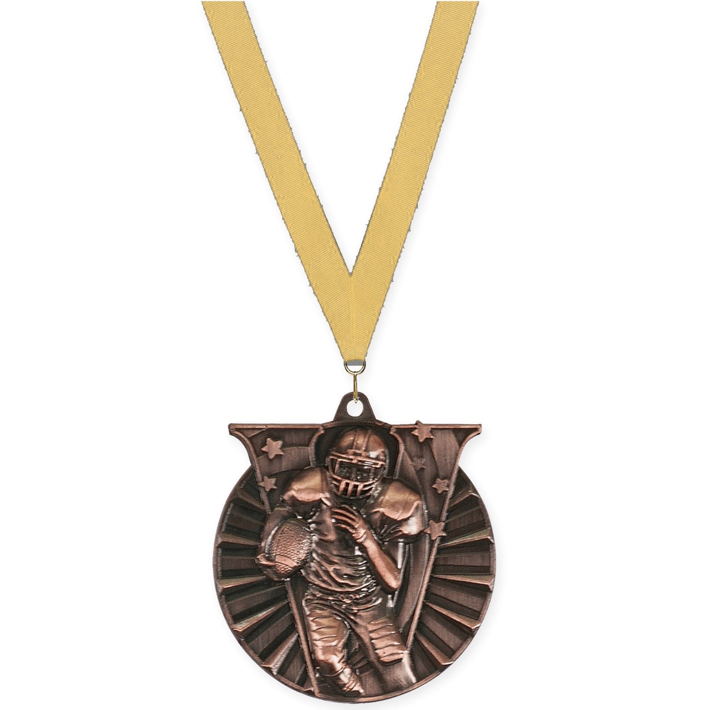 2 inch football Victory medal in antique bronze with Gold Metallic neck ribbon