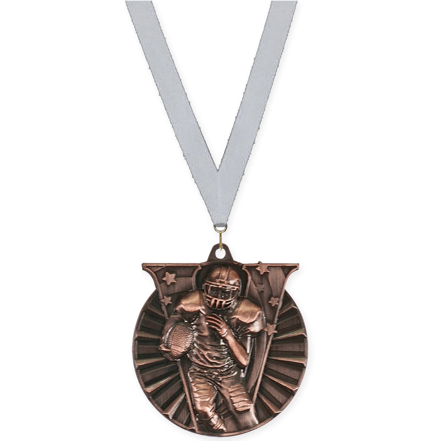 2 inch football Victory medal in antique bronze with Silver Metallic neck ribbon
