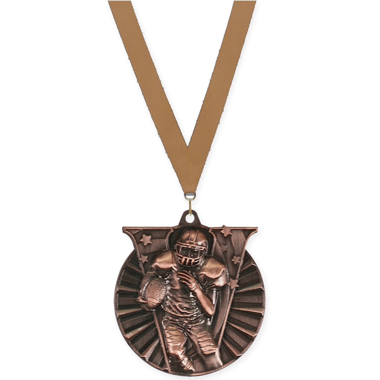 2 inch football Victory medal in antique bronze with Bronze Metallic neck ribbon