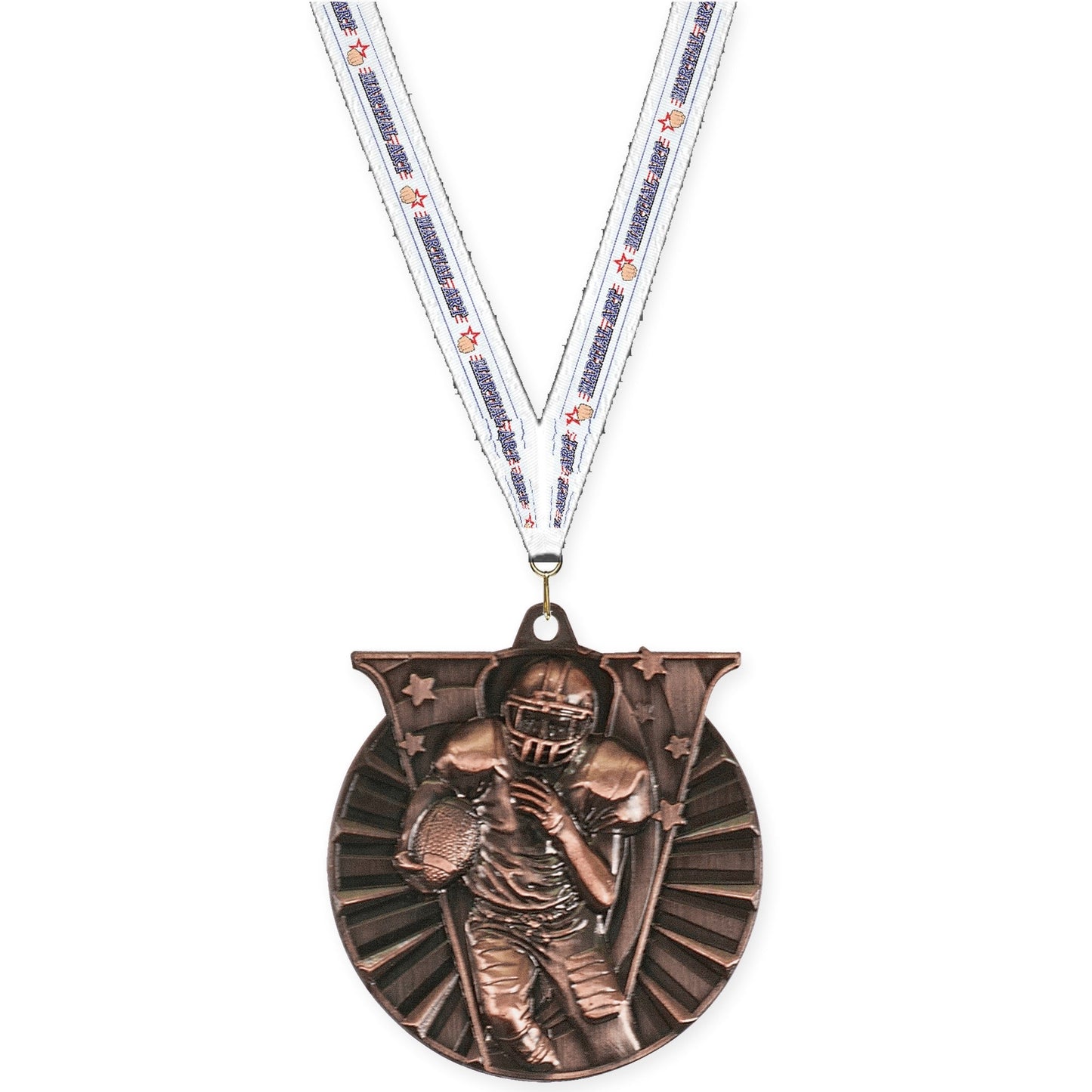 2 inch football Victory medal in antique bronze with Martial Arts neck ribbon