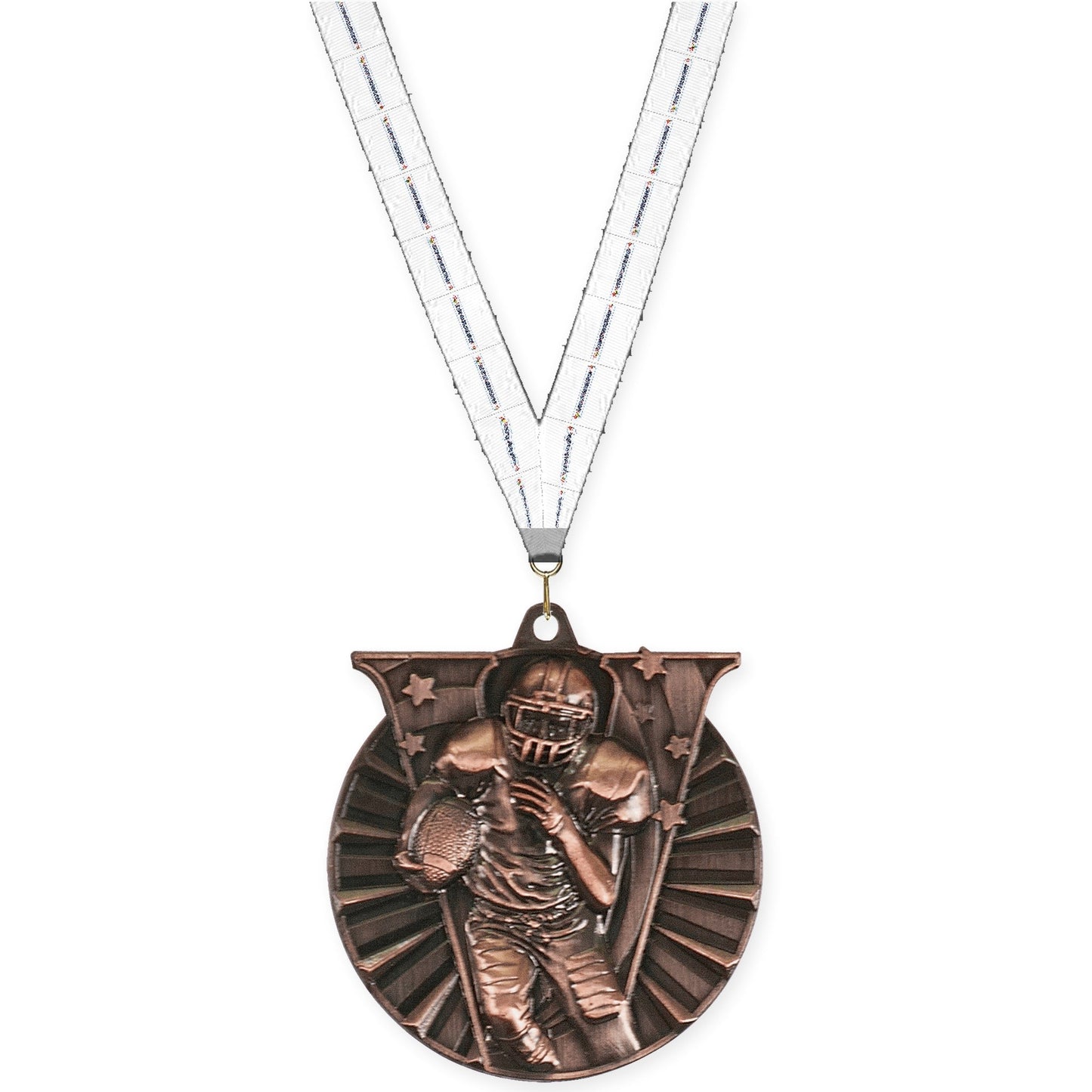 2 inch football Victory medal in antique bronze with Lamp Of Knowledge neck ribbon