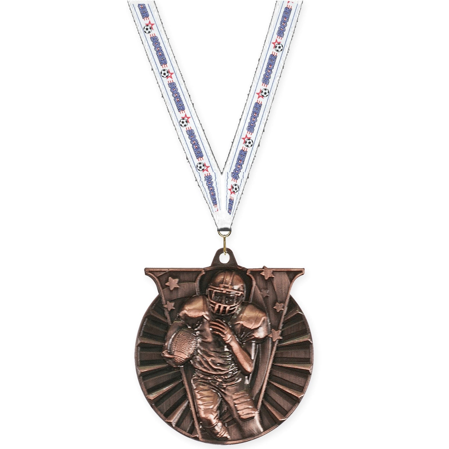 2 inch football Victory medal in antique bronze with Soccer neck ribbon