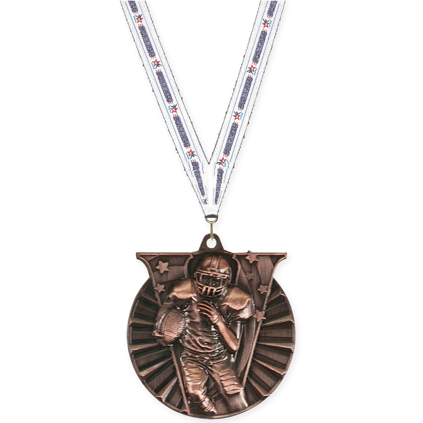2 inch football Victory medal in antique bronze with Swimming neck ribbon
