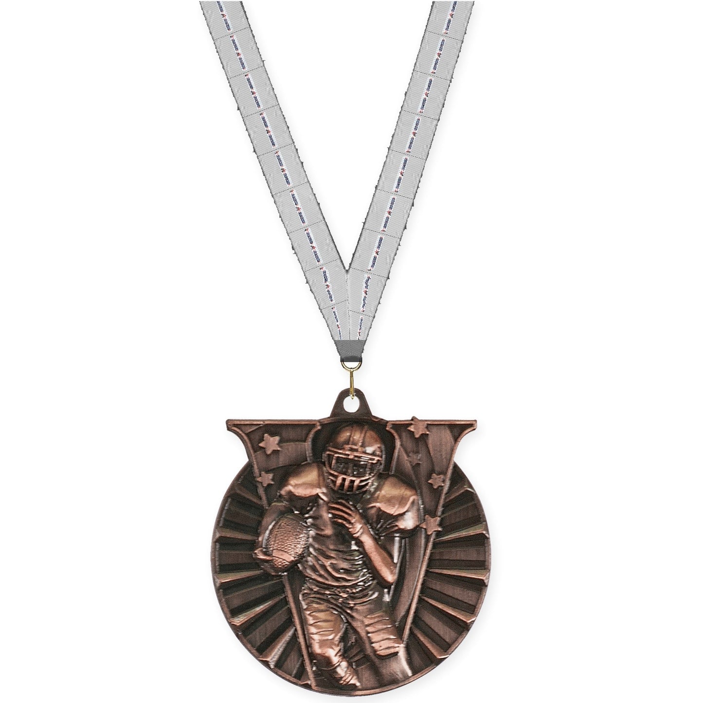 2 inch football Victory medal in antique bronze with Auto Racing neck ribbon