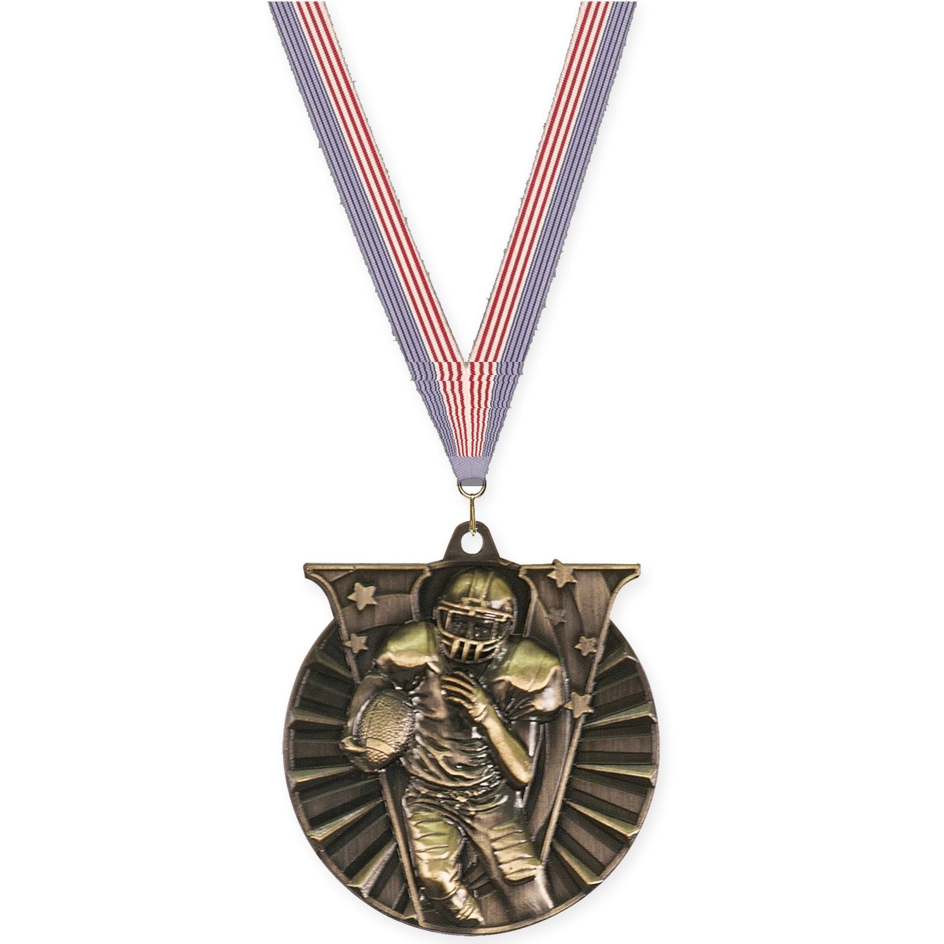 2 inch football Victory medal in bright gold with USA Flag neck ribbon