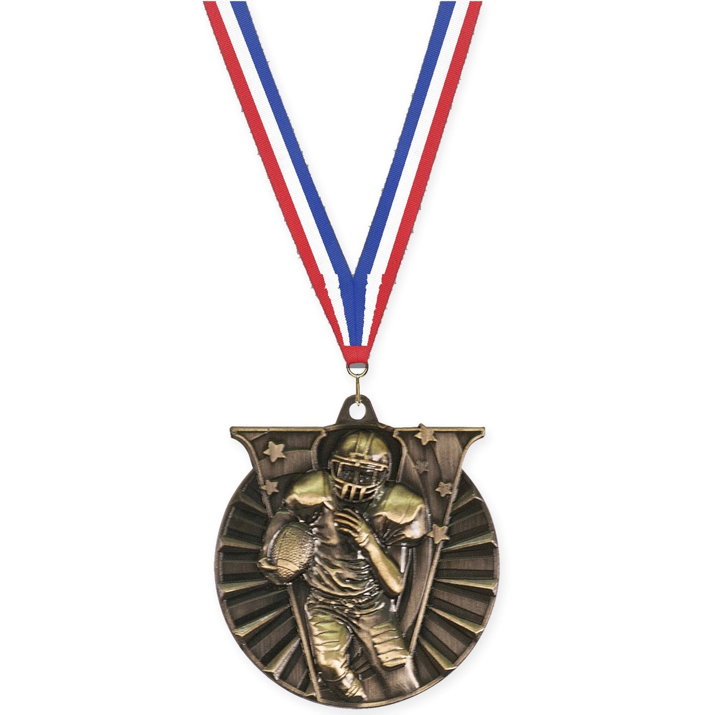 2 inch football Victory medal in bright gold with Red White Blue neck ribbon