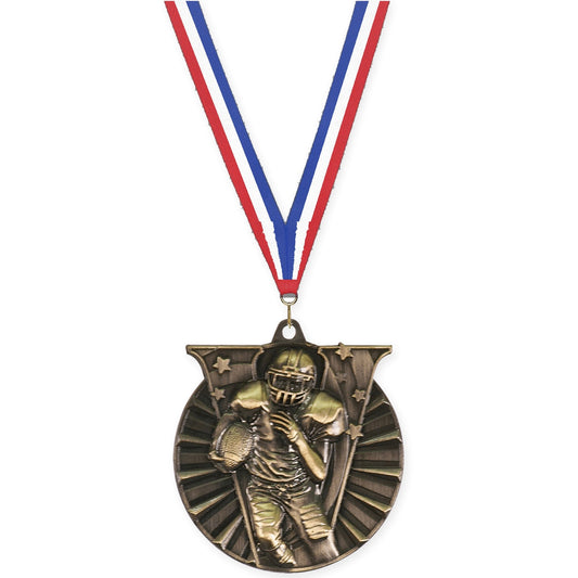 2 inch football Victory medal in bright gold with Red White Blue neck ribbon
