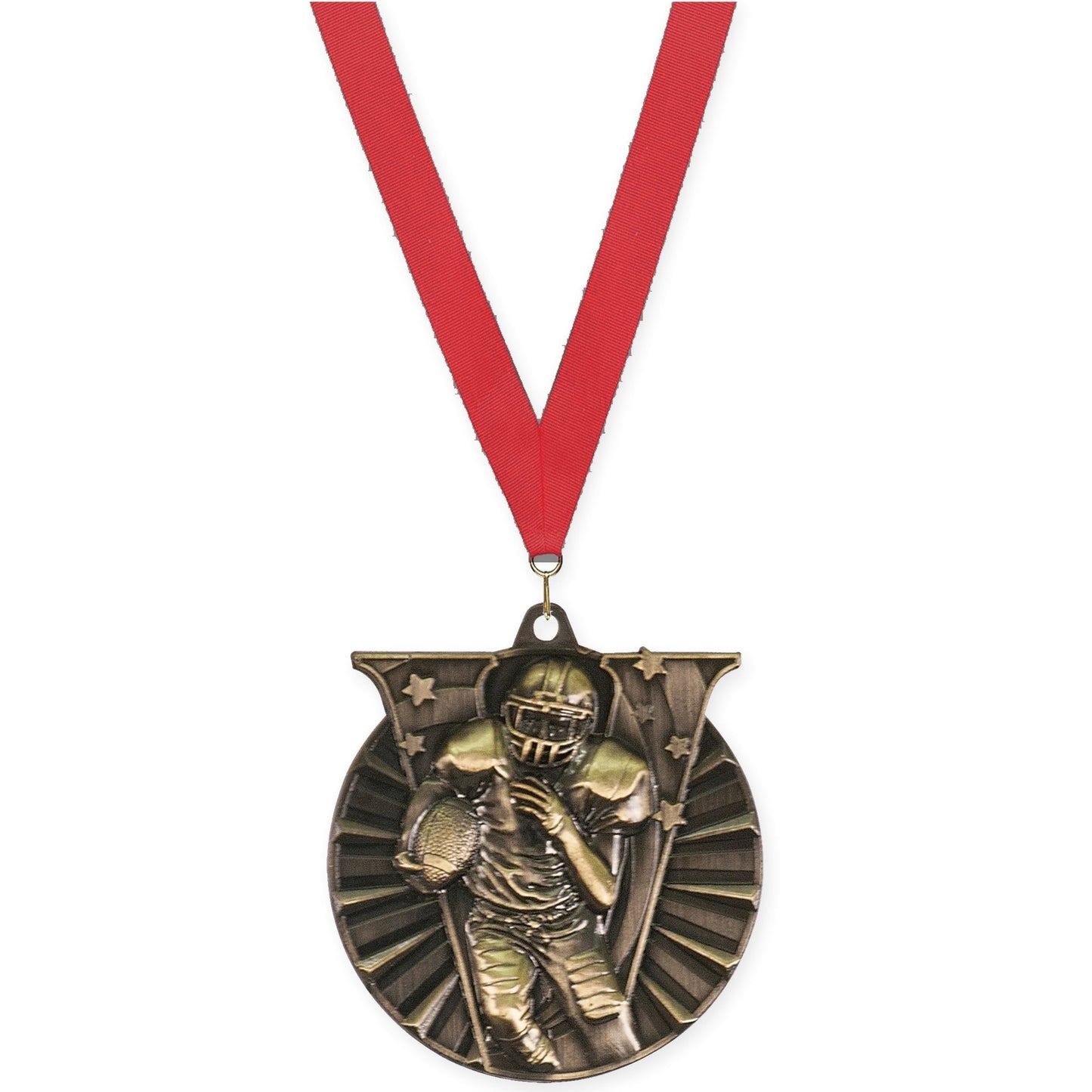 2 inch football Victory medal in bright gold with Red neck ribbon