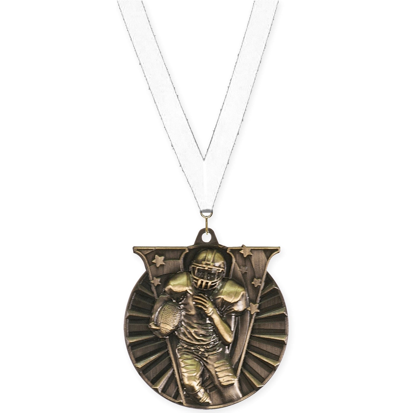 2 inch football Victory medal in bright gold with White neck ribbon