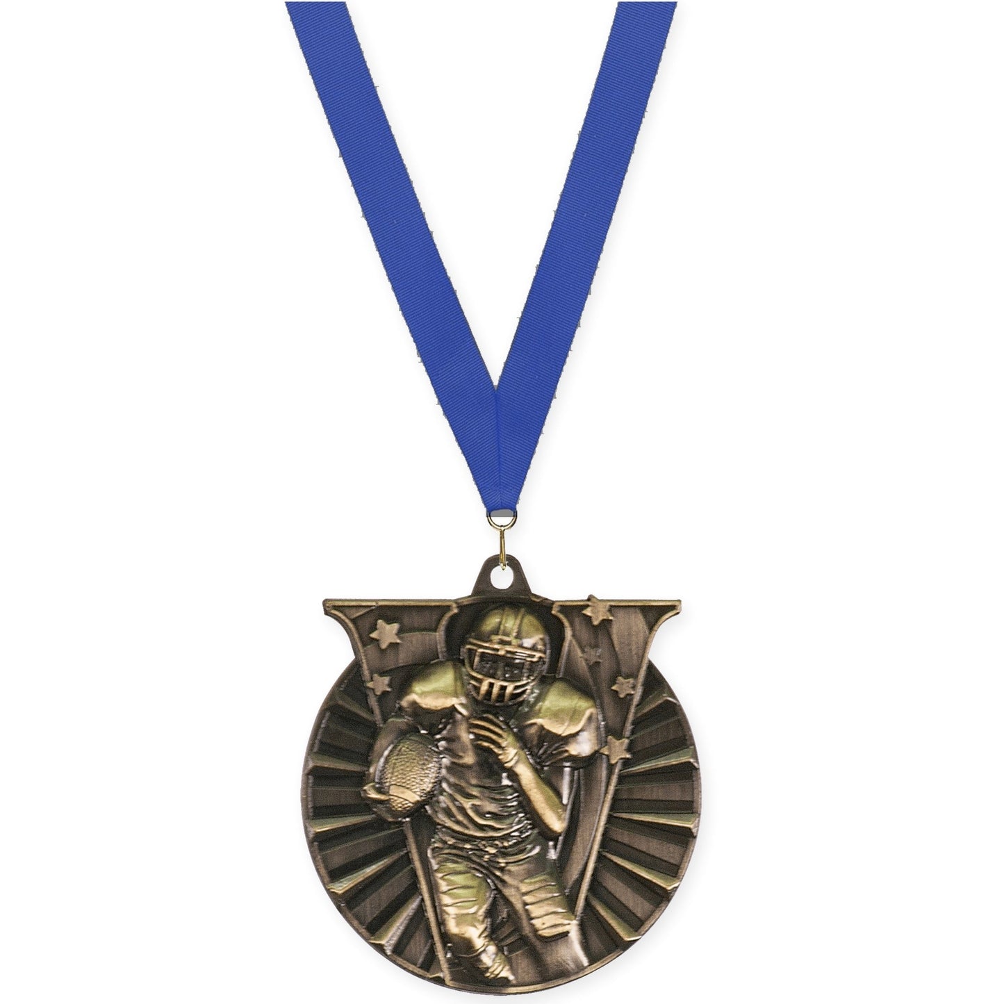 2 inch football Victory medal in bright gold with Blue neck ribbon