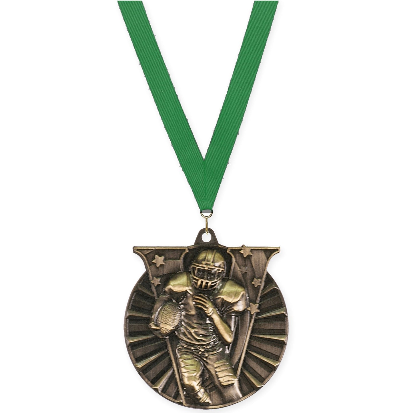 2 inch football Victory medal in bright gold with Green neck ribbon