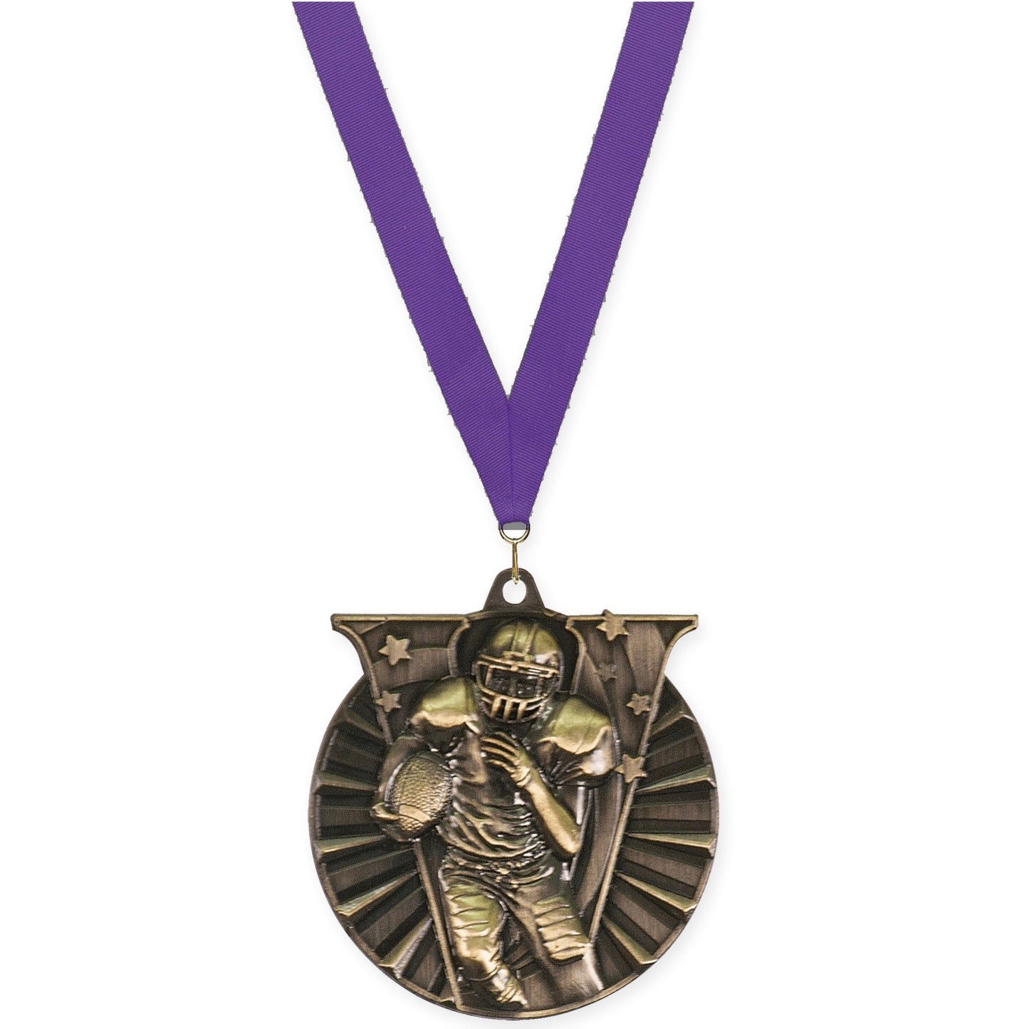 2 inch football Victory medal in bright gold with Purple neck ribbon