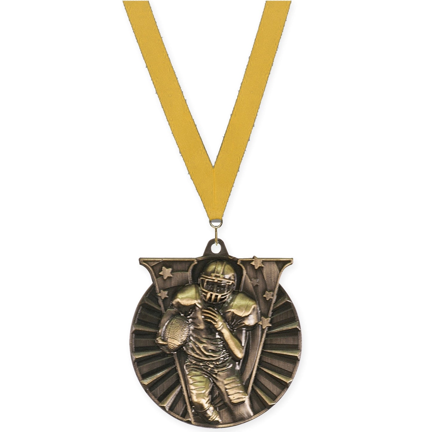 2 inch football Victory medal in bright gold with Gold neck ribbon