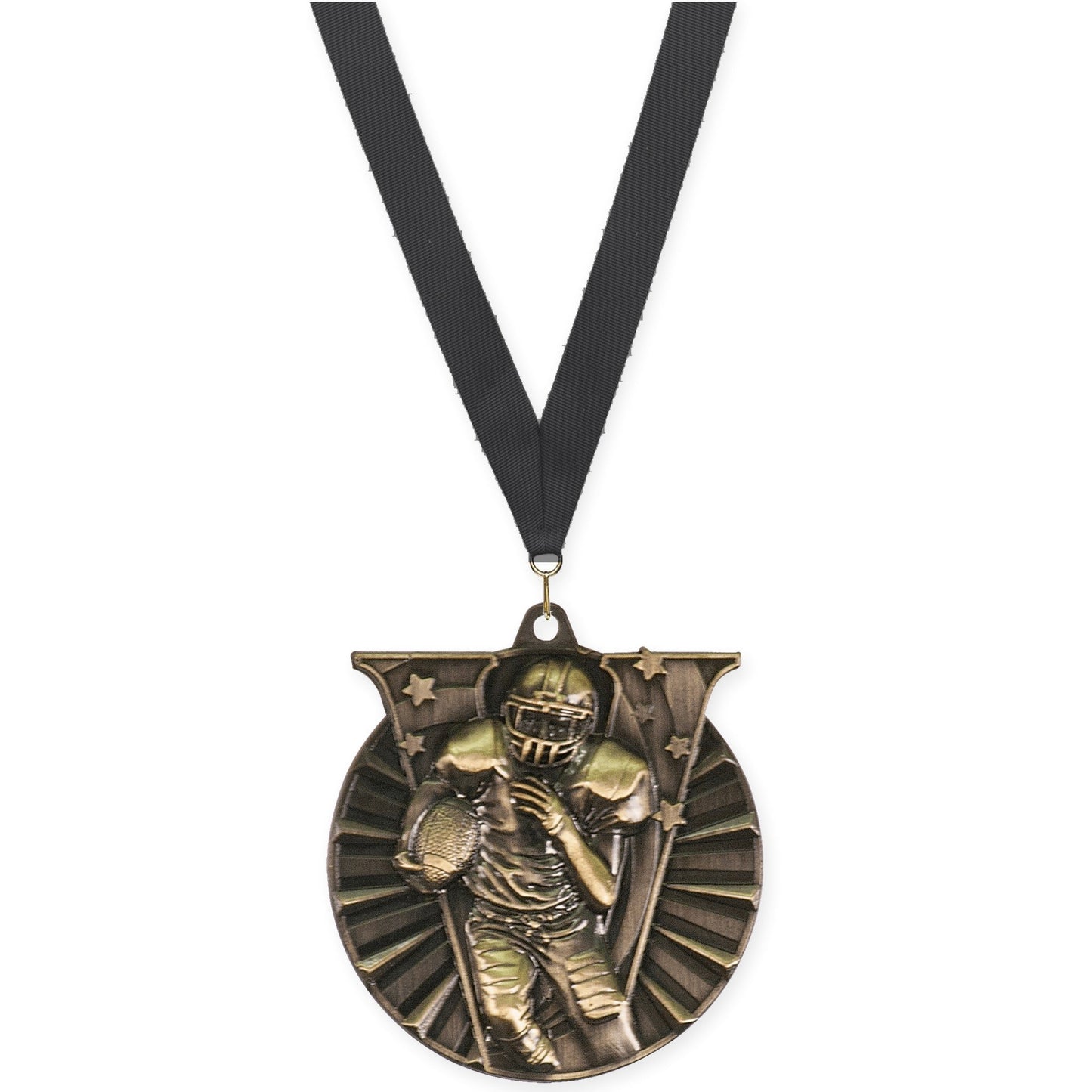 2 inch football Victory medal in bright gold with Black neck ribbon