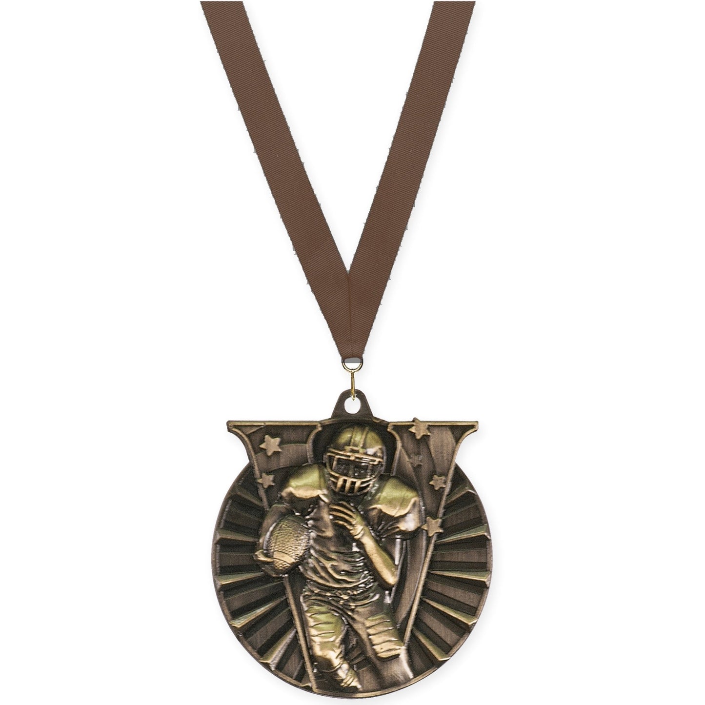 2 inch football Victory medal in bright gold with Brown neck ribbon