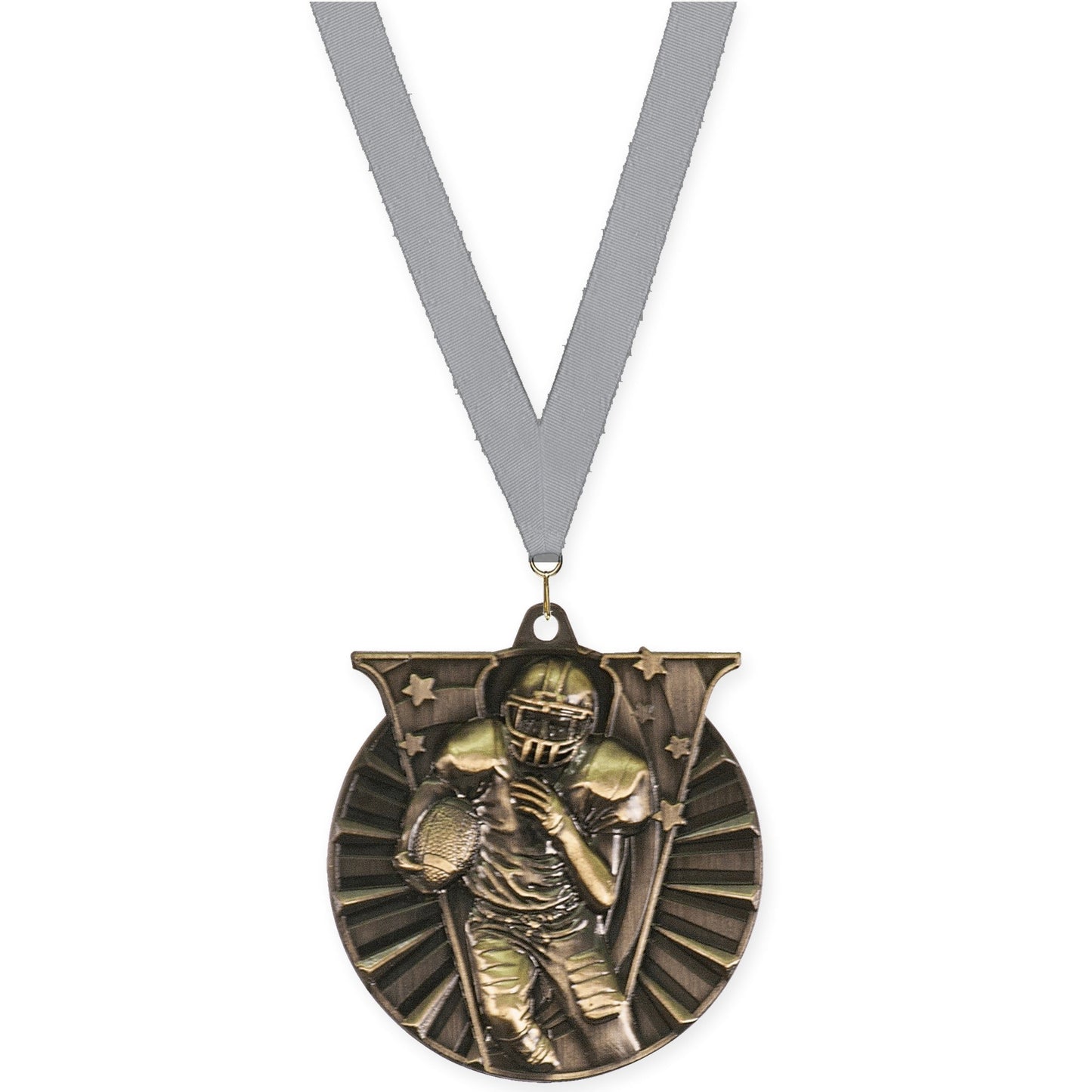 2 inch football Victory medal in bright gold with Gray neck ribbon