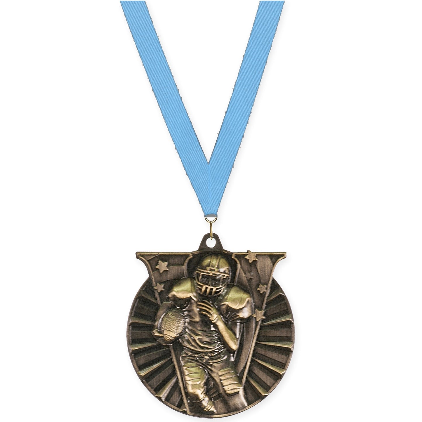2 inch football Victory medal in bright gold with Light Blue neck ribbon