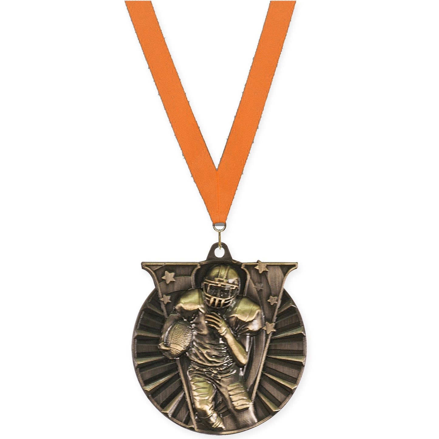 2 inch football Victory medal in bright gold with Orange neck ribbon