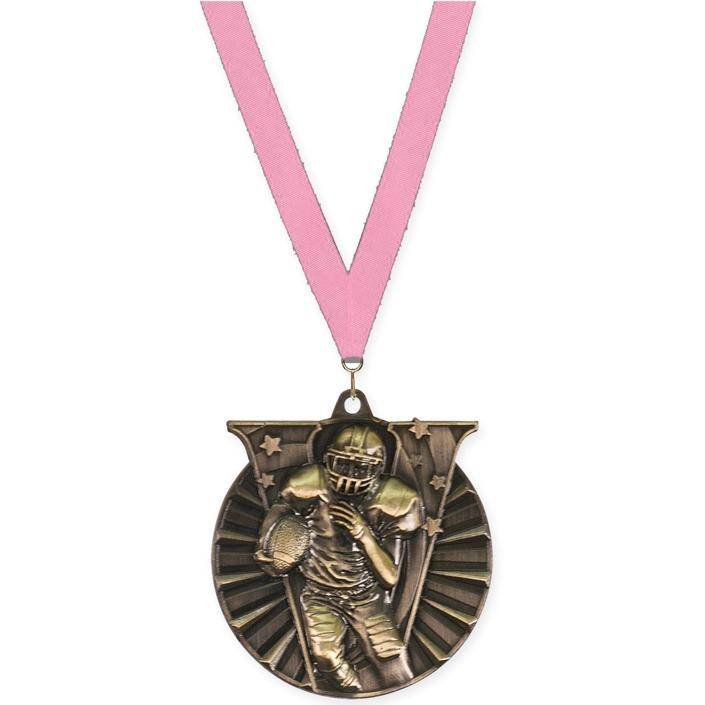 2 inch football Victory medal in bright gold with Pink neck ribbon