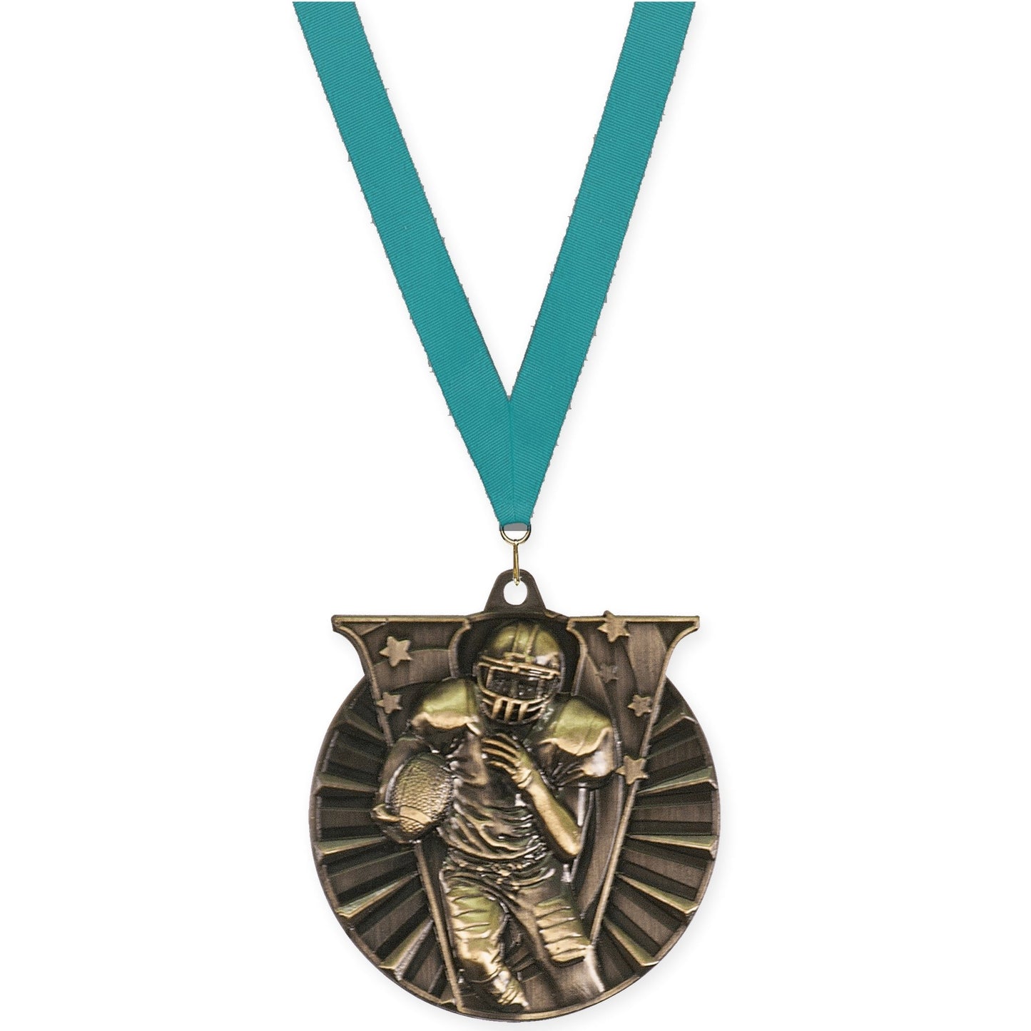 2 inch football Victory medal in bright gold with Teal neck ribbon
