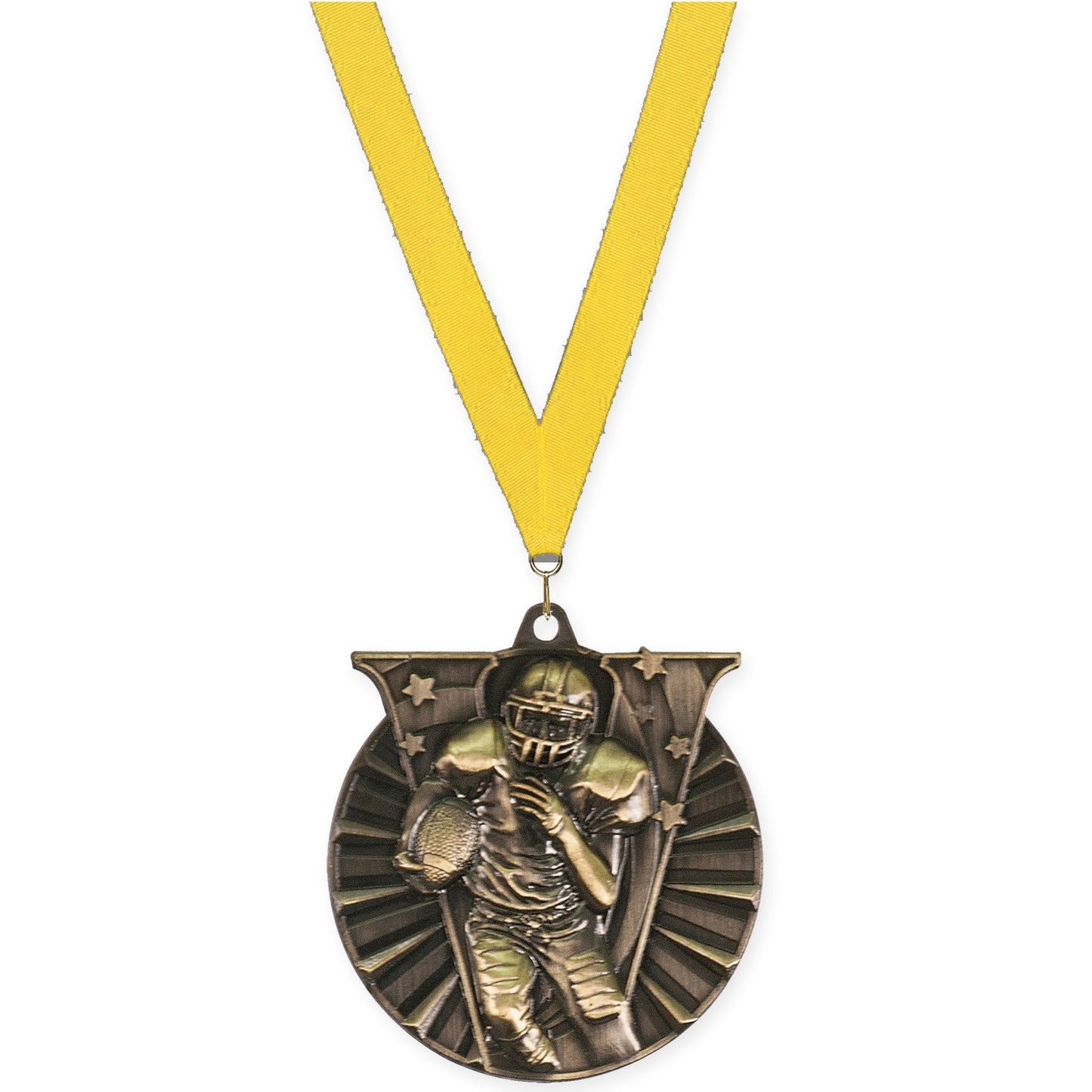 2 inch football Victory medal in bright gold with Yellow neck ribbon