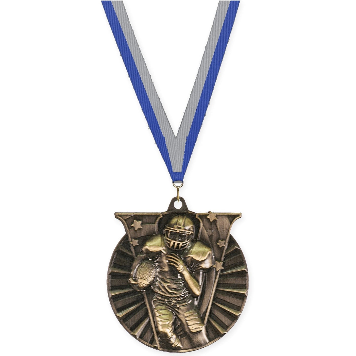 2 inch football Victory medal in bright gold with Blue Gray neck ribbon