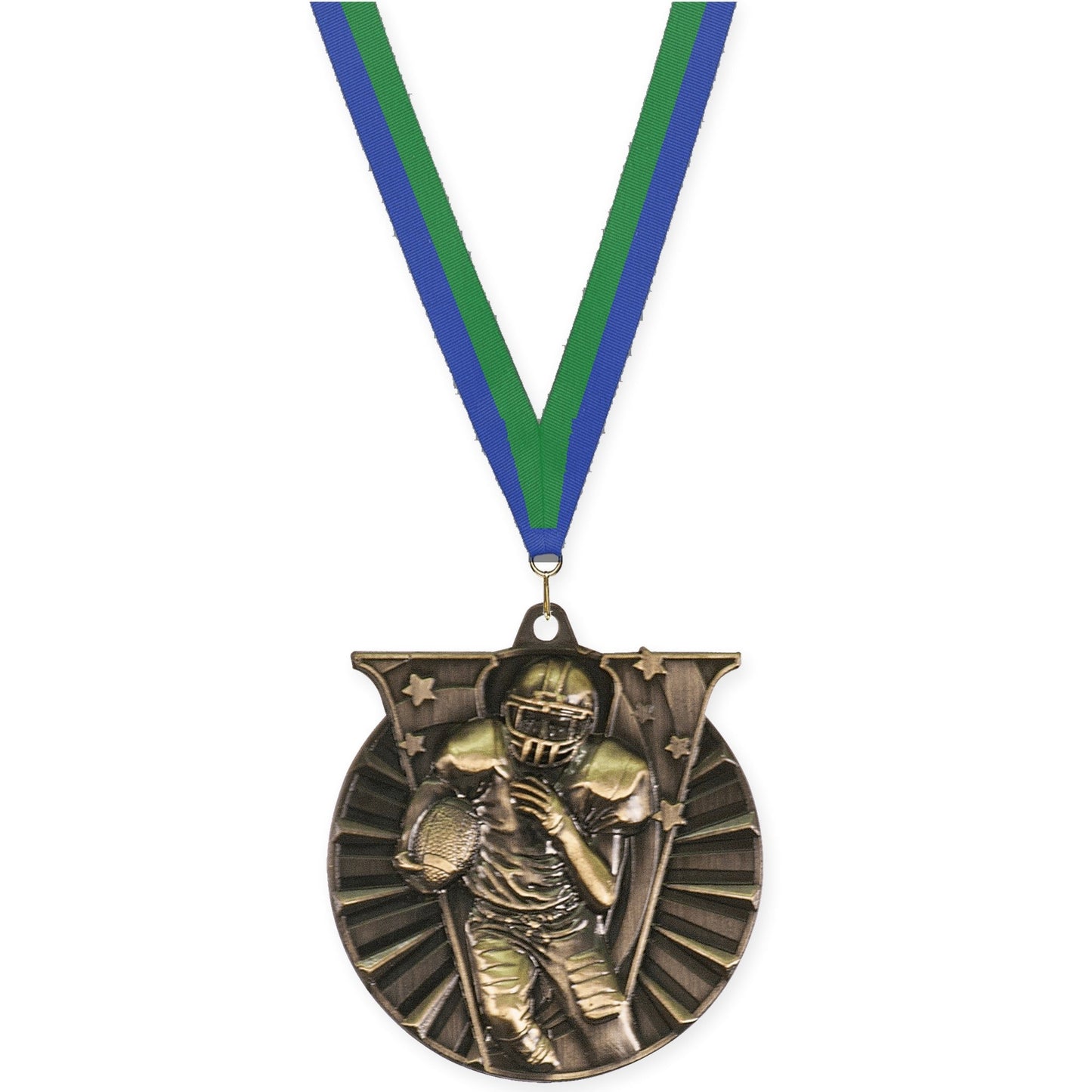 2 inch football Victory medal in bright gold with Blue Green neck ribbon