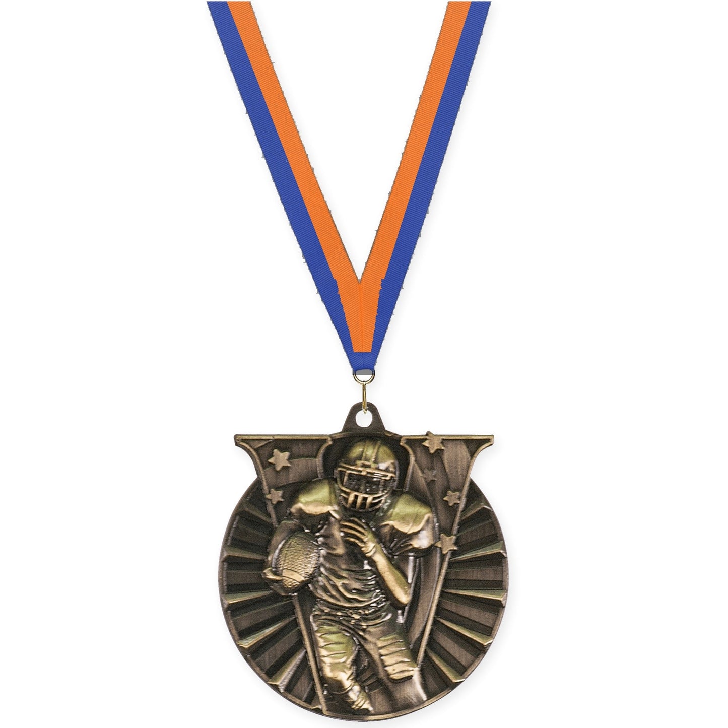 2 inch football Victory medal in bright gold with Blue Orange neck ribbon