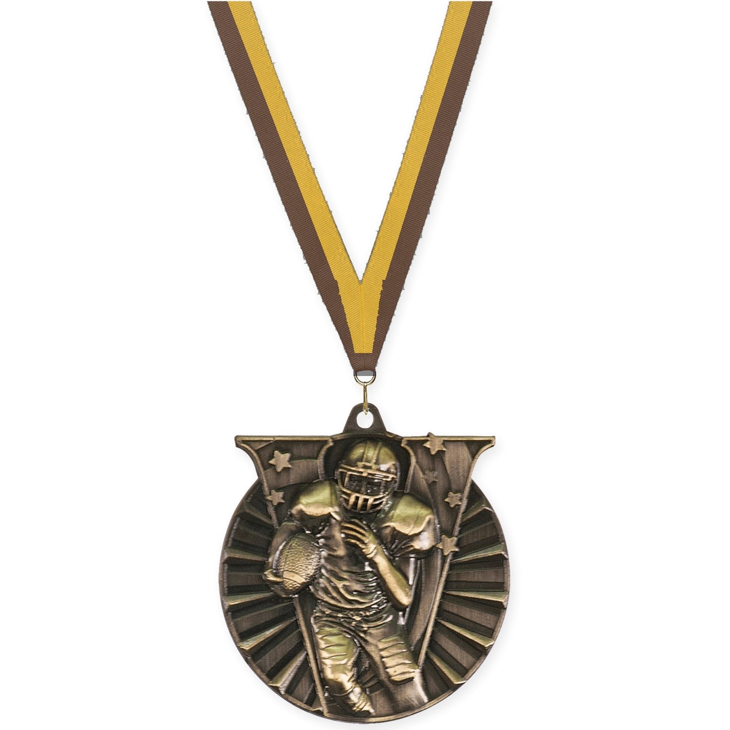 2 inch football Victory medal in bright gold with Brown Gold neck ribbon