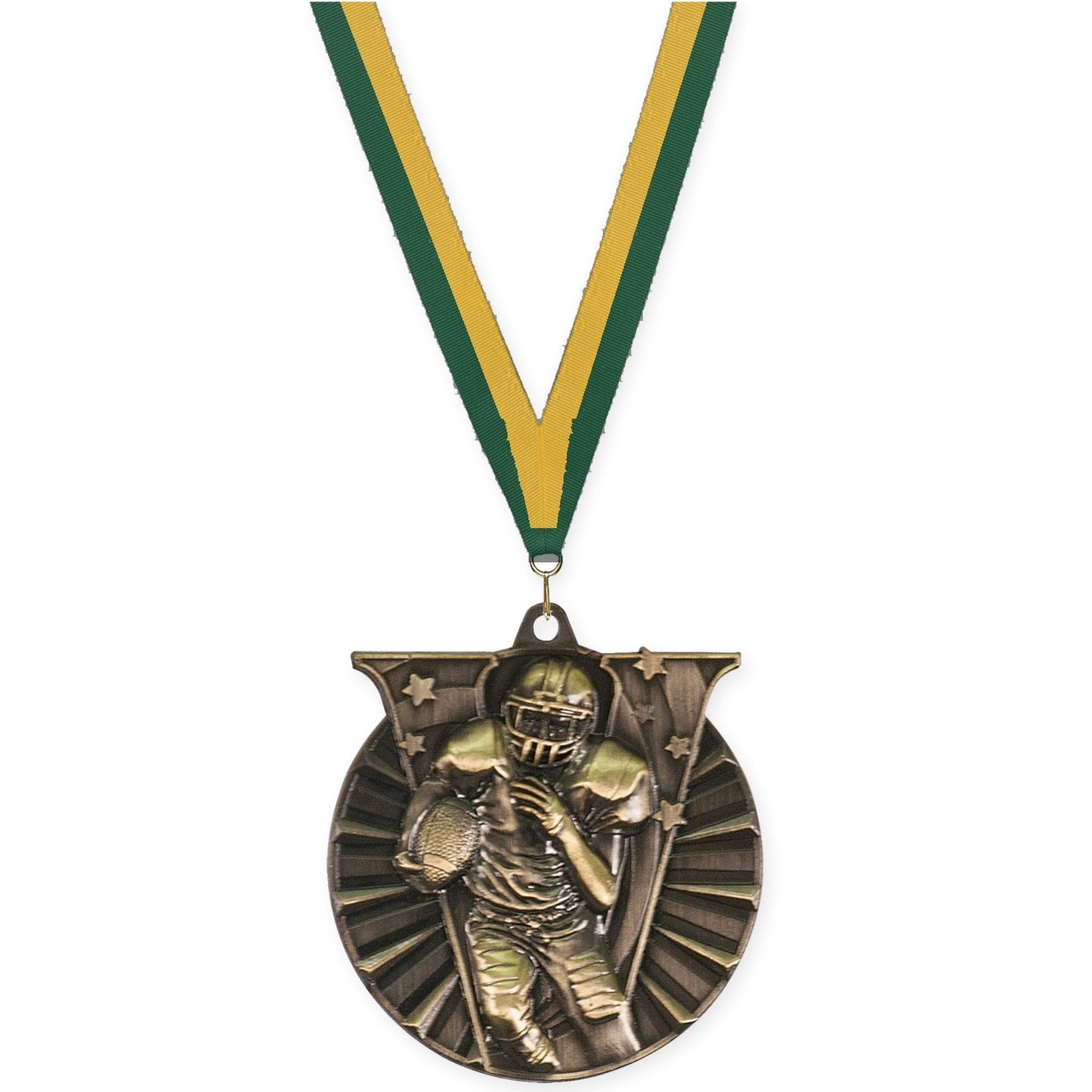 2 inch football Victory medal in bright gold with Hunter Green Gold neck ribbon