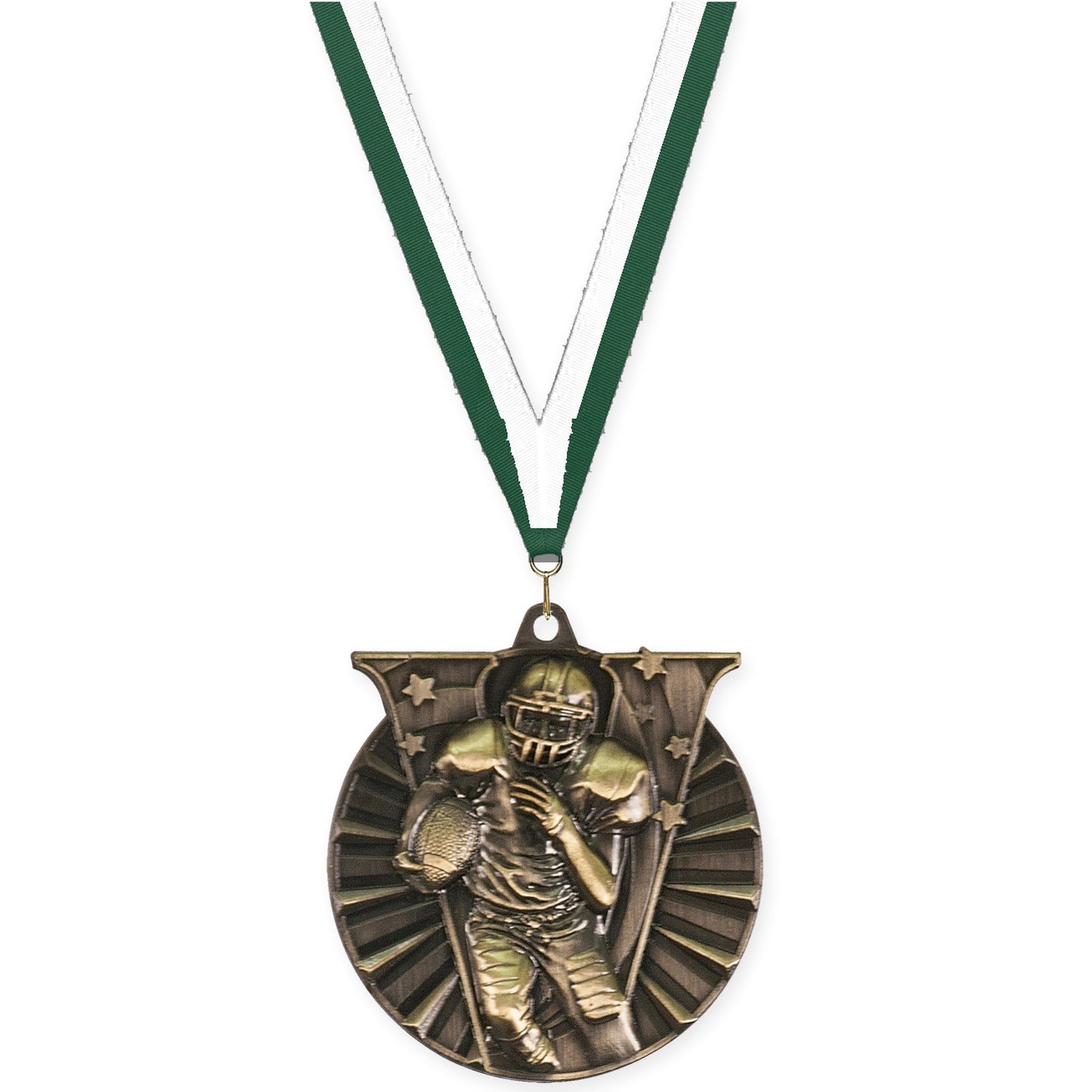 2 inch football Victory medal in bright gold with Hunter Green White neck ribbon