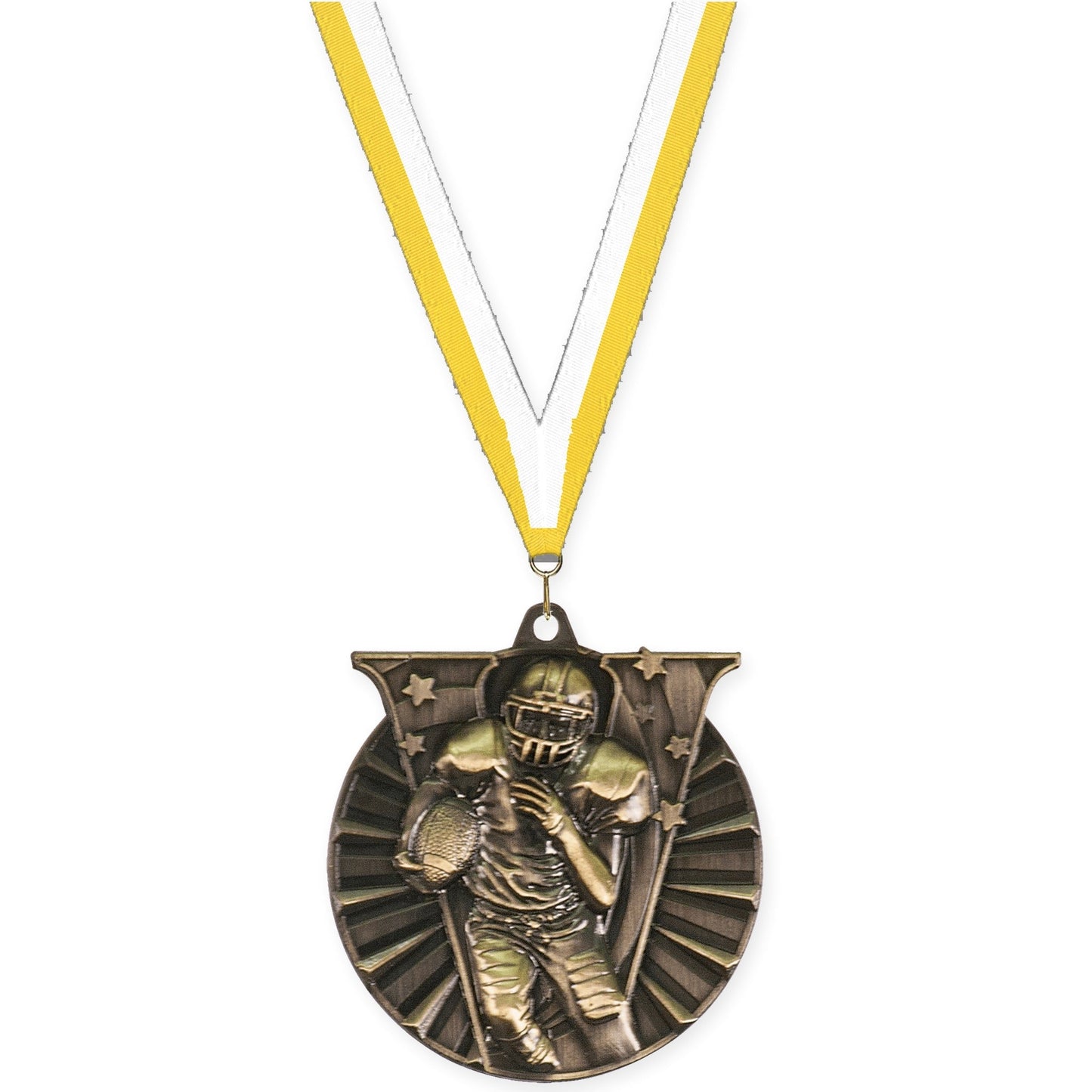 2 inch football Victory medal in bright gold with Yellow White neck ribbon