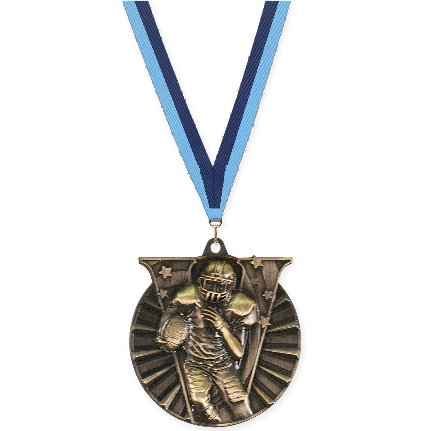 2 inch football Victory medal in bright gold with Light Blue Navy neck ribbon