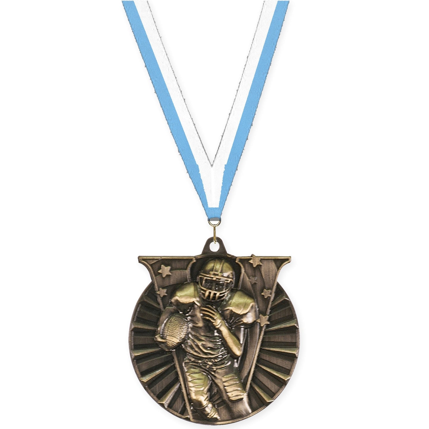 2 inch football Victory medal in bright gold with Light Blue White neck ribbon