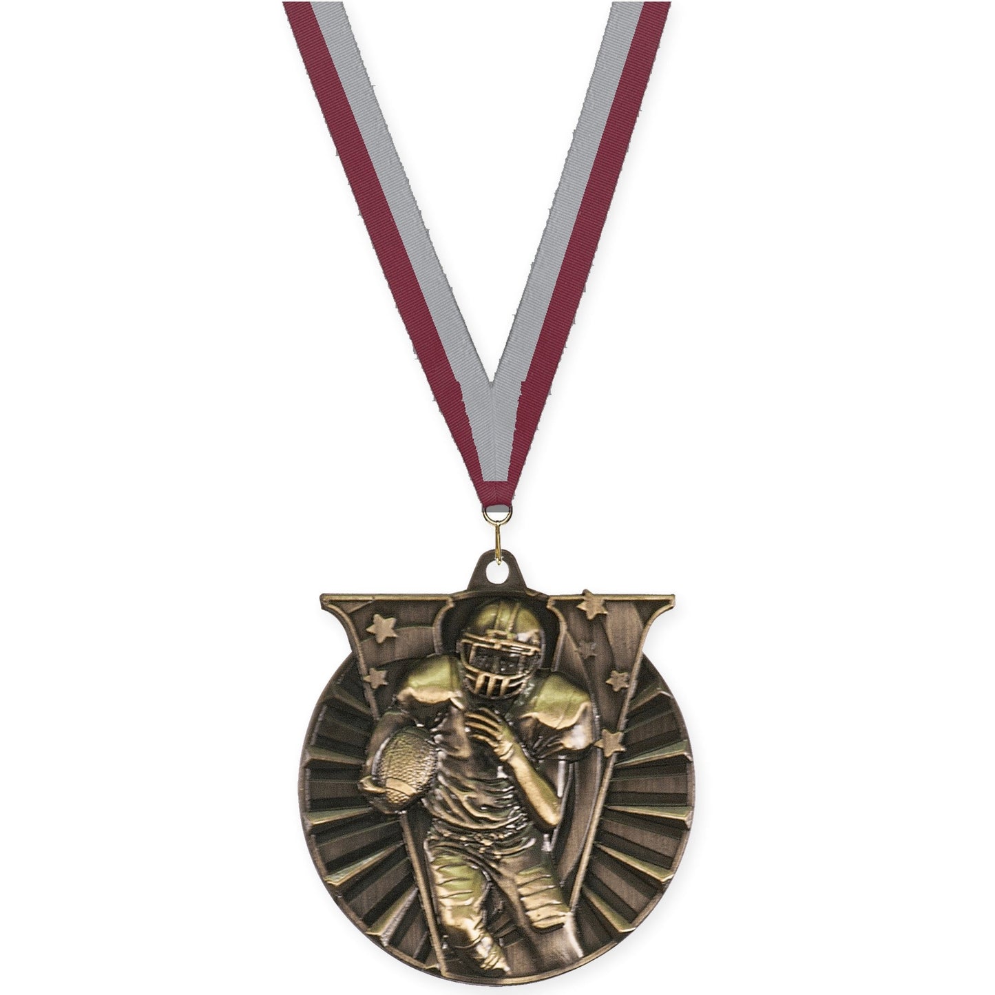 2 inch football Victory medal in bright gold with Maroon Gray neck ribbon