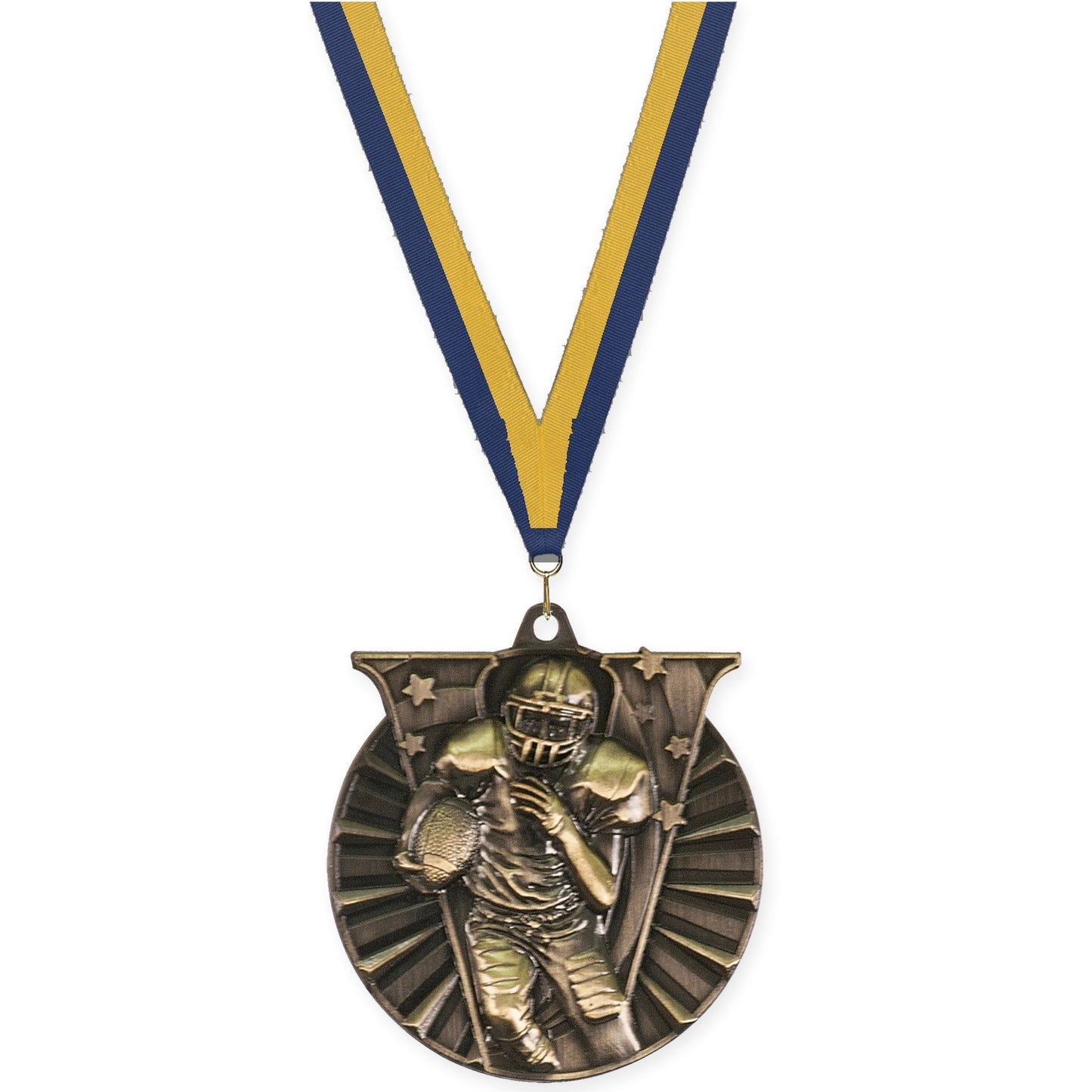 2 inch football Victory medal in bright gold with Navy Gold neck ribbon