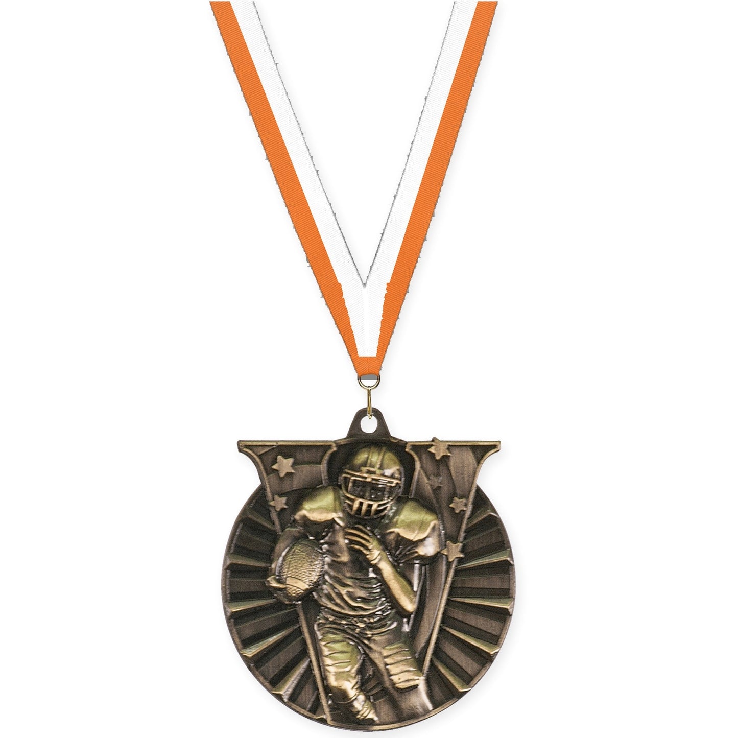 2 inch football Victory medal in bright gold with Orange White neck ribbon