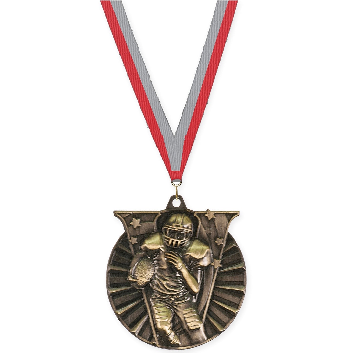 2 inch football Victory medal in bright gold with Red Gray neck ribbon