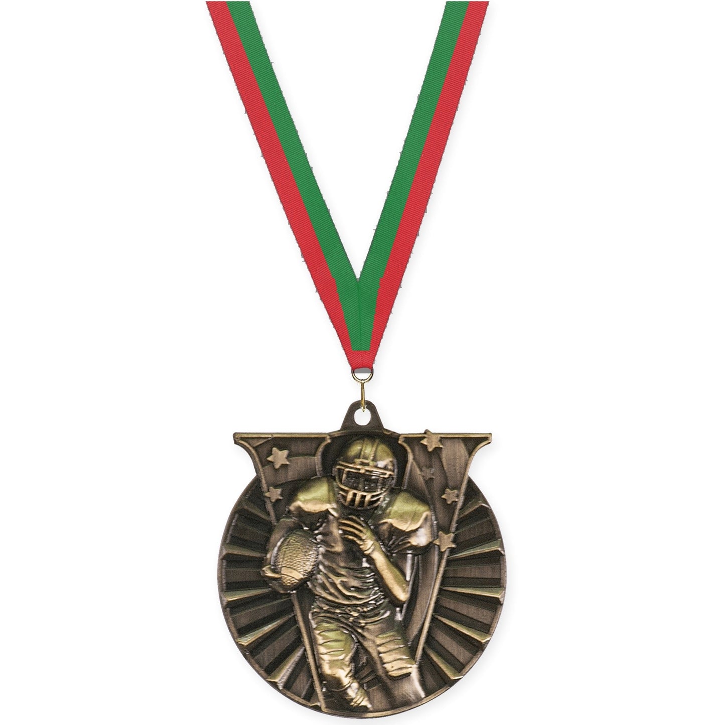 2 inch football Victory medal in bright gold with Red Green neck ribbon