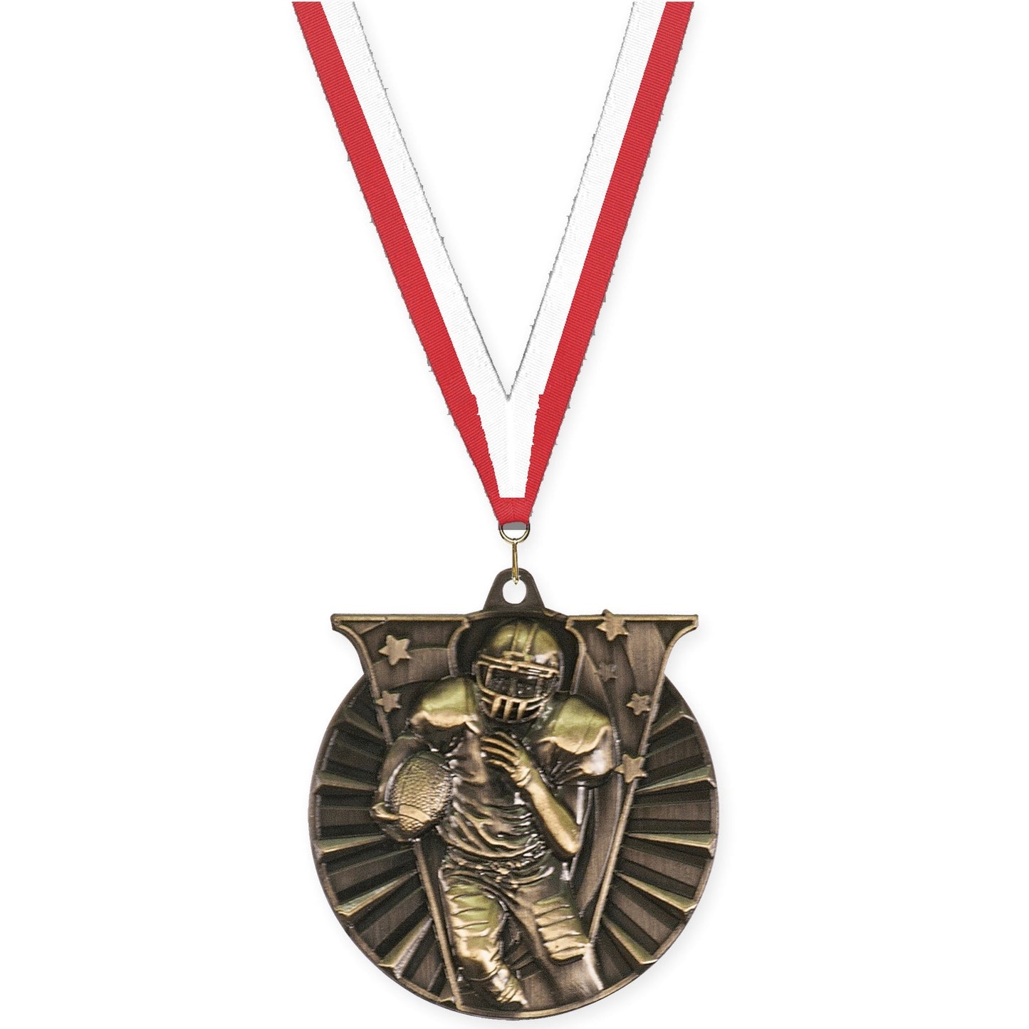 2 inch football Victory medal in bright gold with Red White neck ribbon
