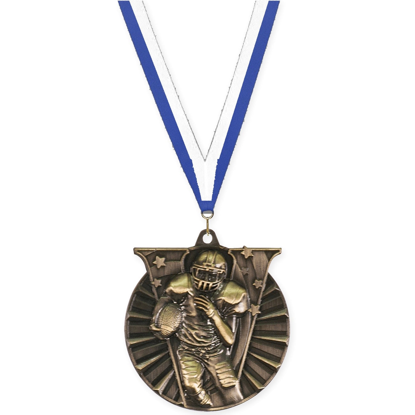 2 inch football Victory medal in bright gold with Blue White neck ribbon