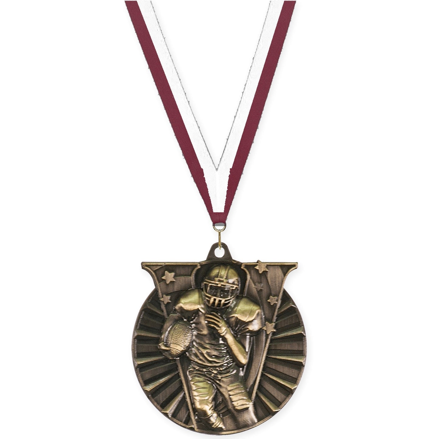 2 inch football Victory medal in bright gold with Maroon White neck ribbon
