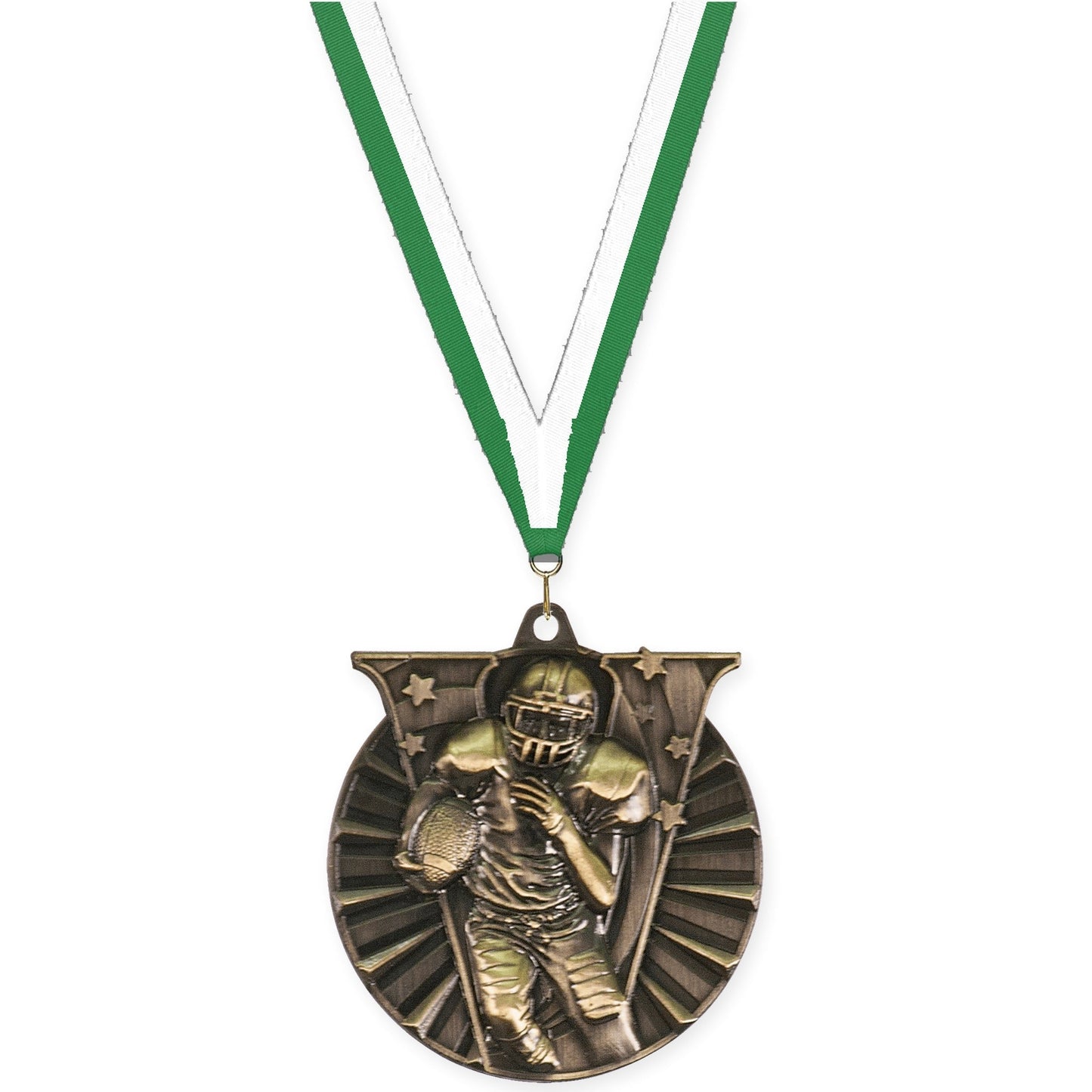 2 inch football Victory medal in bright gold with Green White neck ribbon