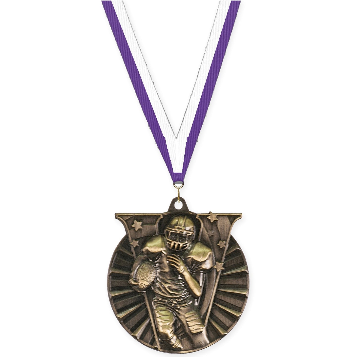 2 inch football Victory medal in bright gold with Purple White neck ribbon