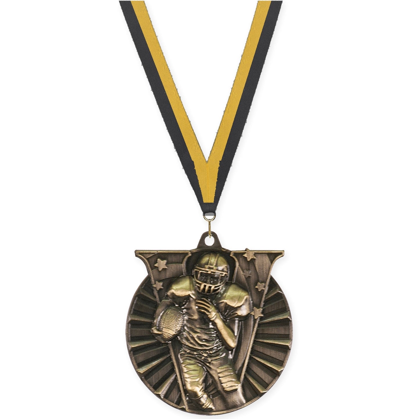 2 inch football Victory medal in bright gold with Black Gold neck ribbon