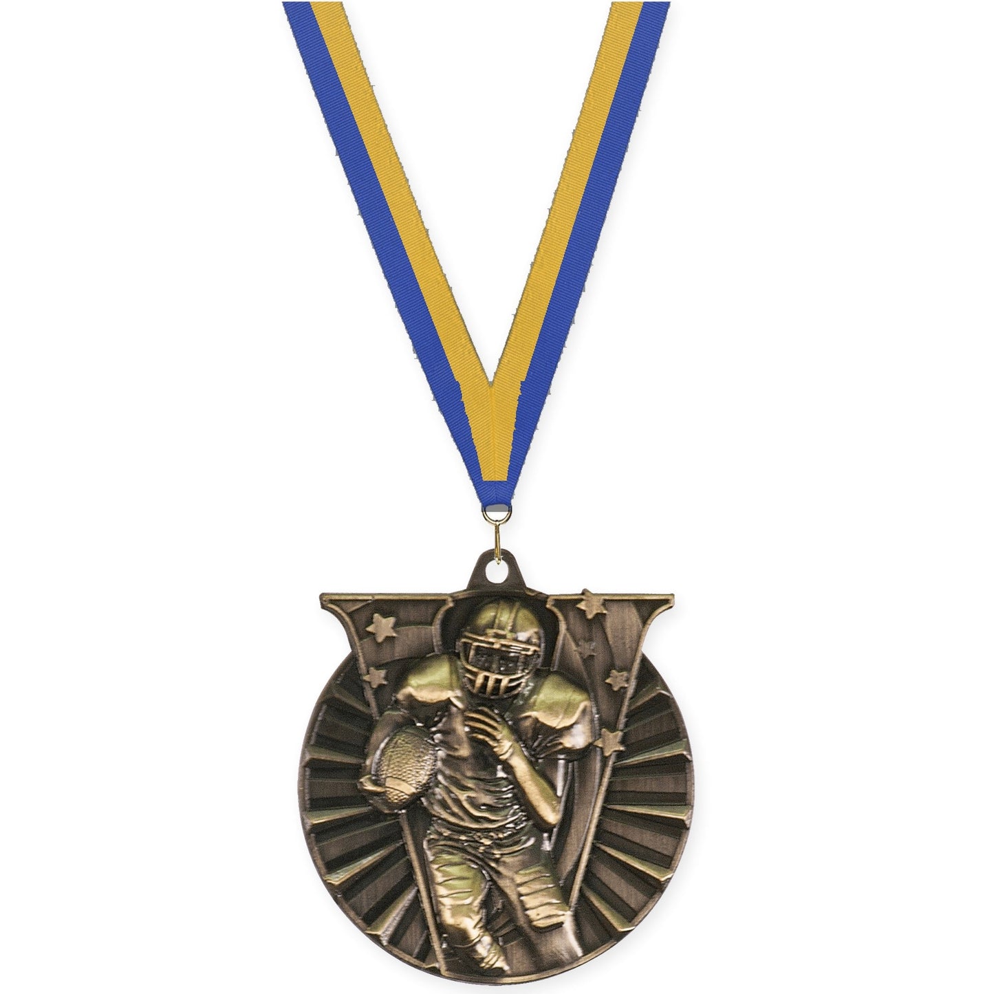 2 inch football Victory medal in bright gold with Blue Gold neck ribbon