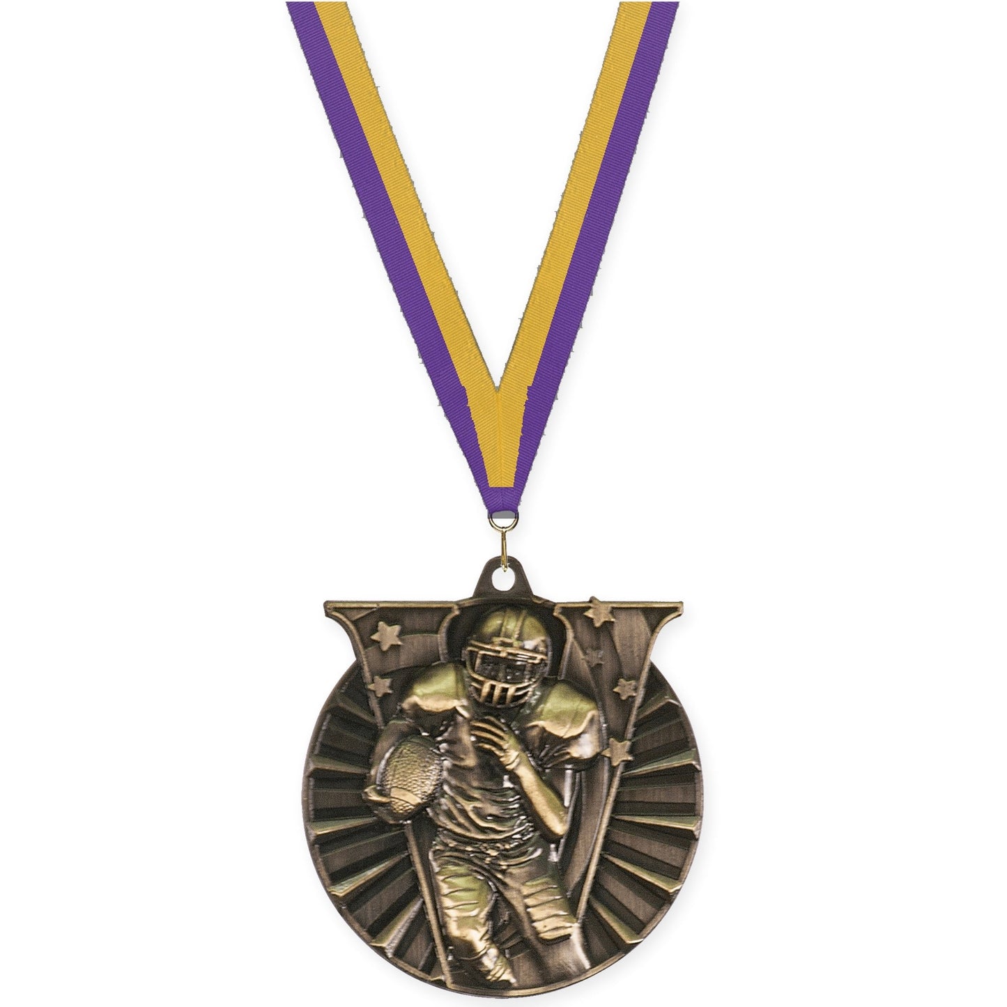 2 inch football Victory medal in bright gold with Purple Gold neck ribbon